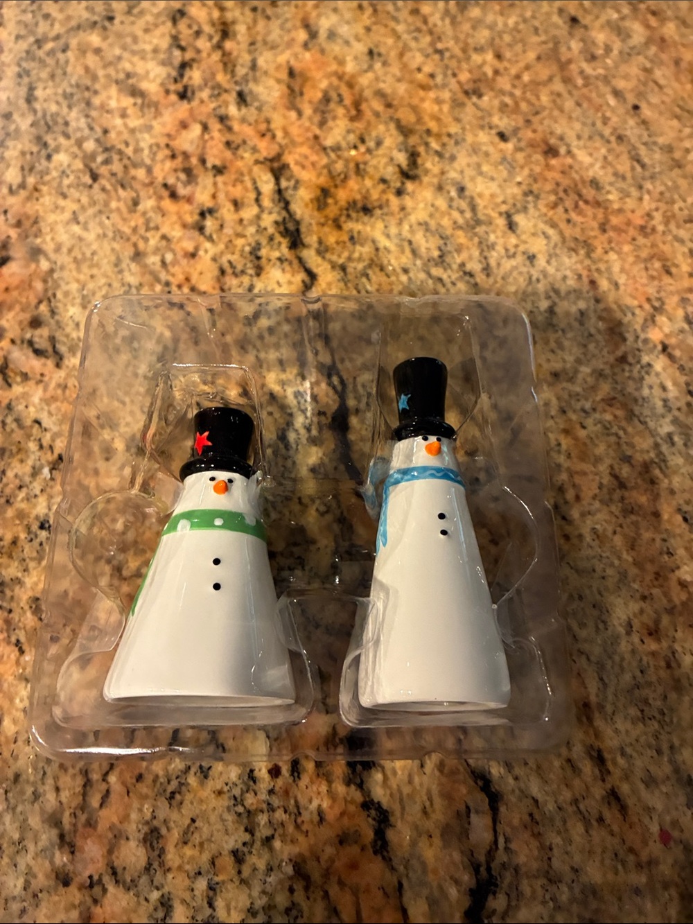 Tag White Snowman Salt & Pepper Shakers with Black Hats and Blue/Green Scarves